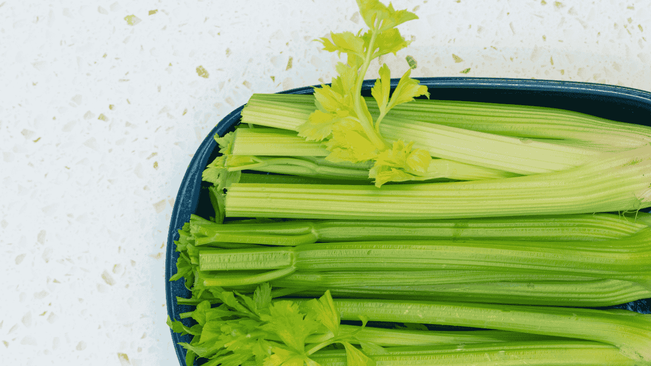 Blue bowl of celery with leaves and stalks