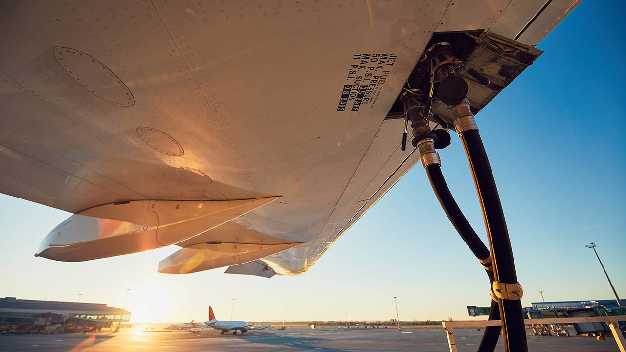 Refueling of the airplane before flight.
