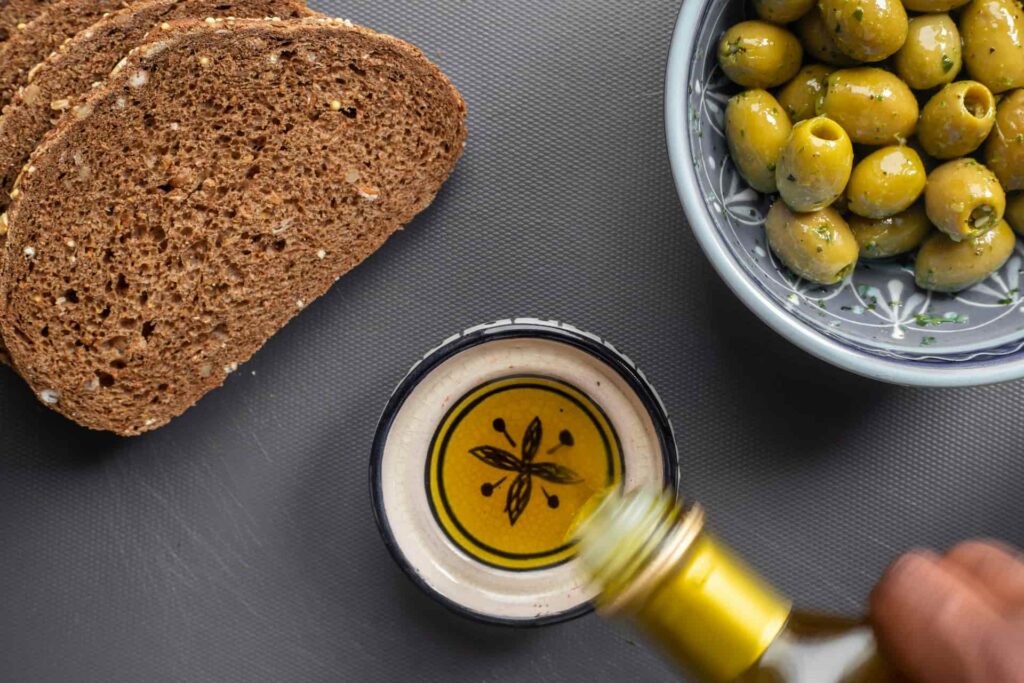 Olives and olive oil with bread