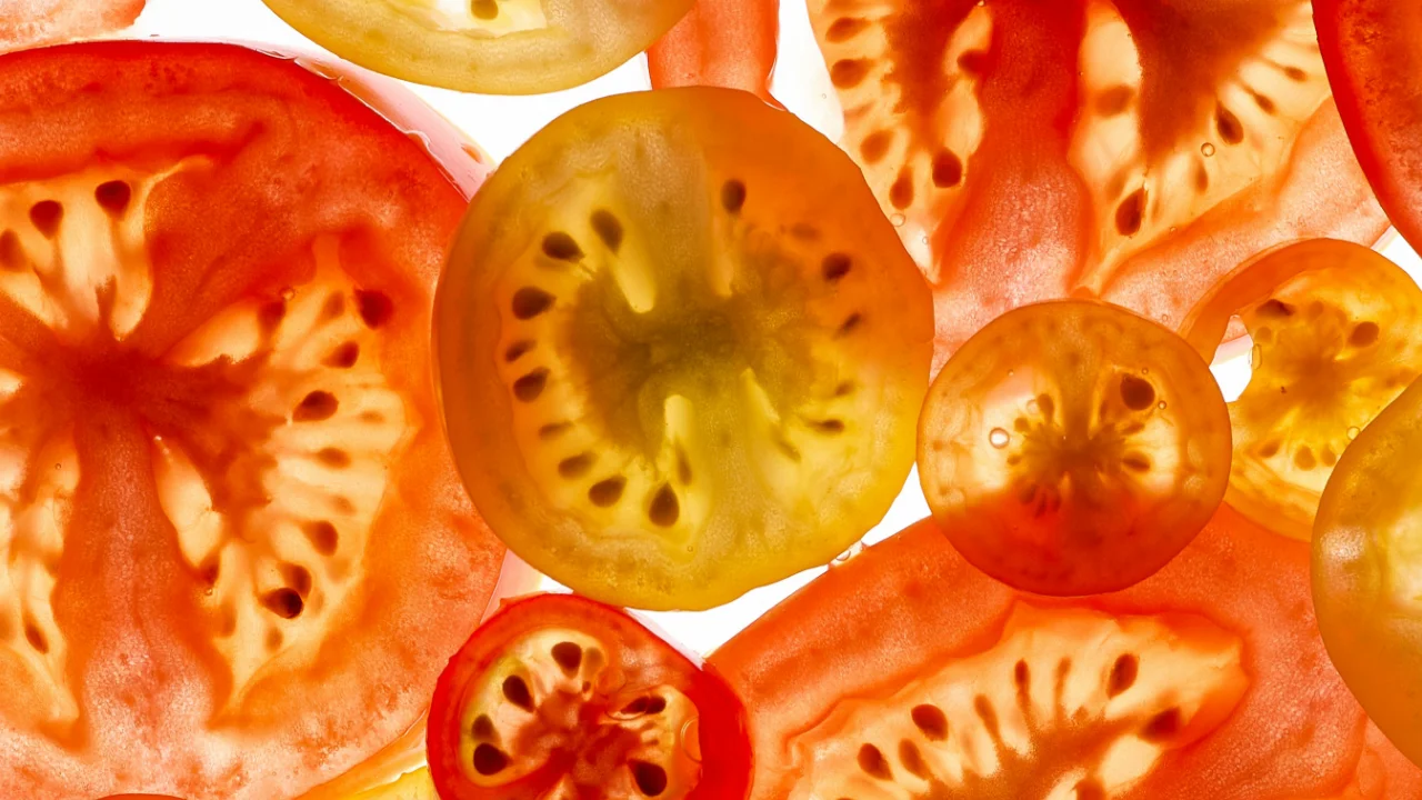 Sliced tomatoes on white background