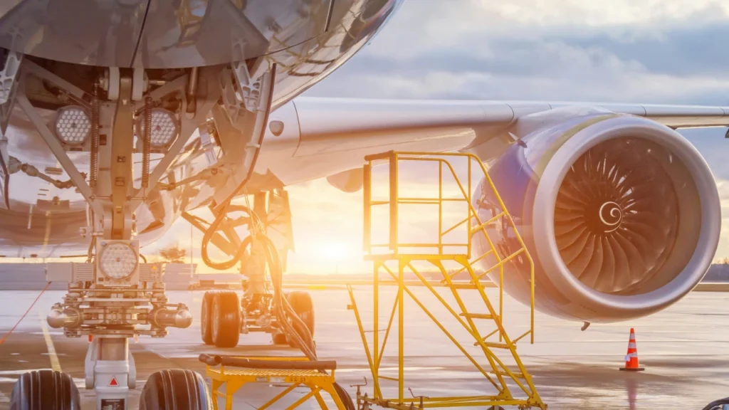 airplane on tarmac at sunset