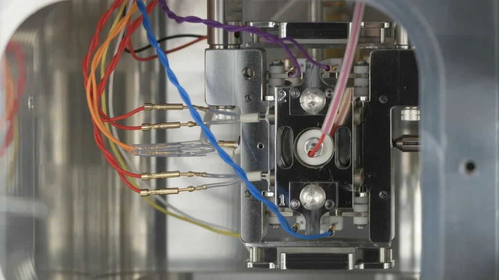 Looking inside mass spectrometer at ion source connected with wires