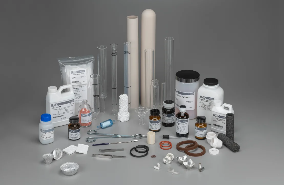 LECO-branded consumables - assorted powders, parts, bottles