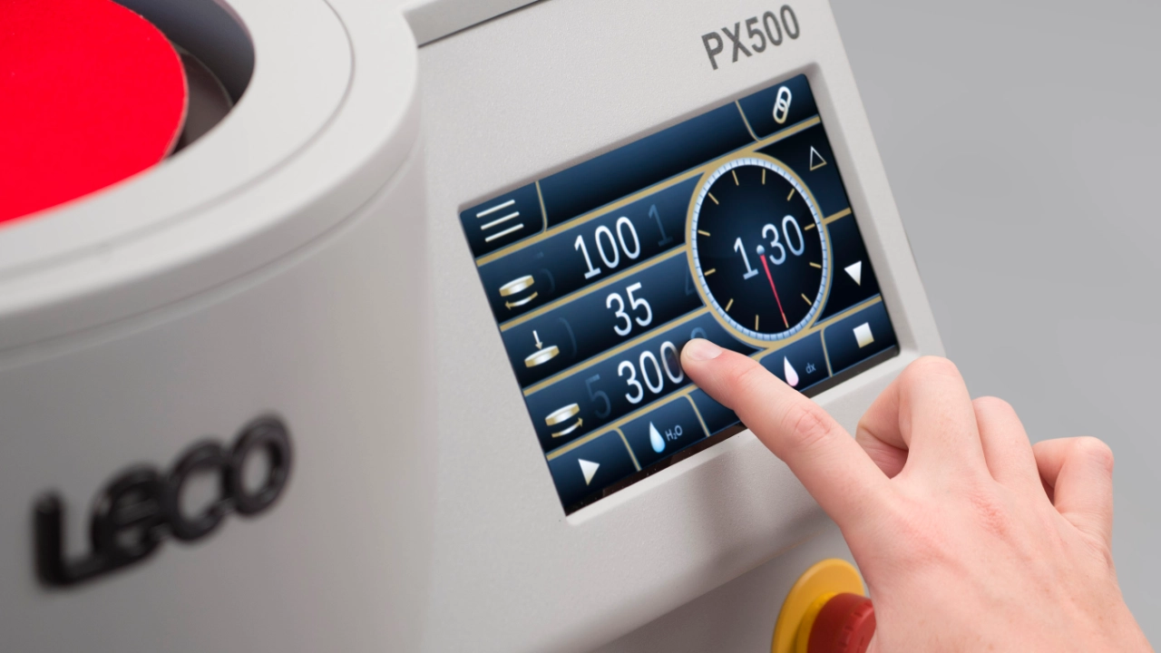 touchscreen control panel on metallography grinder-polisher