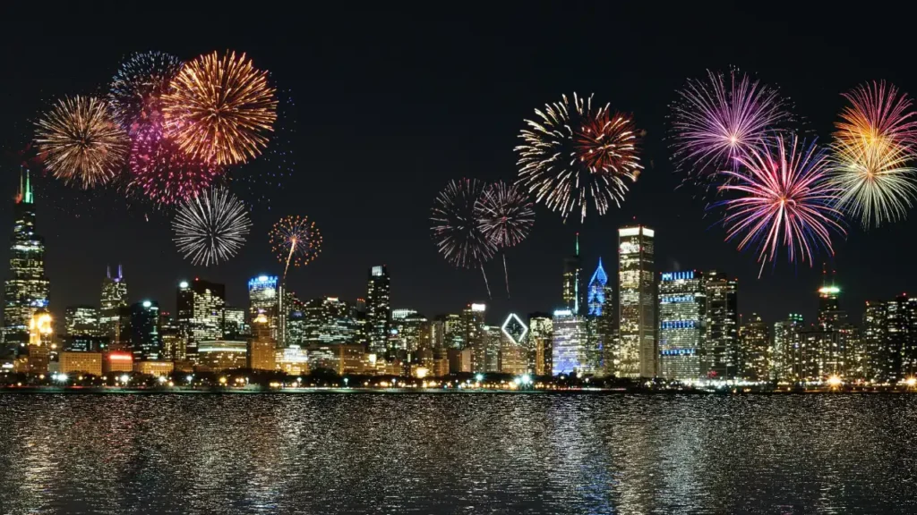 Fireworks over Chicago, IL (USA), taken from Lake Michigan